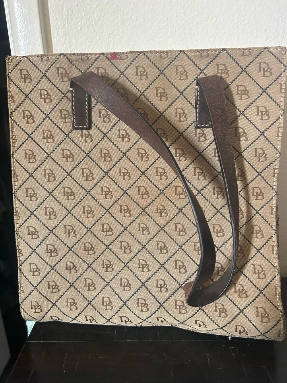 Dooney & Bourke Beige Canvas Monogram Tote with Brown Straps
